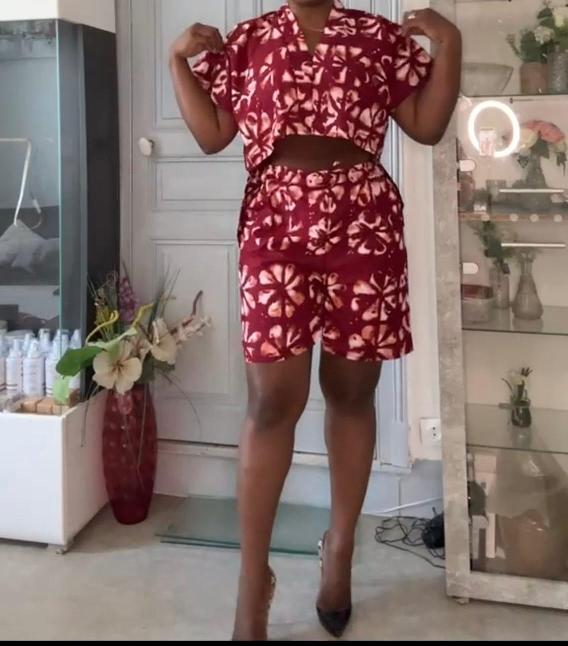 Ensemble pagne africain short et top imprimé fleuri