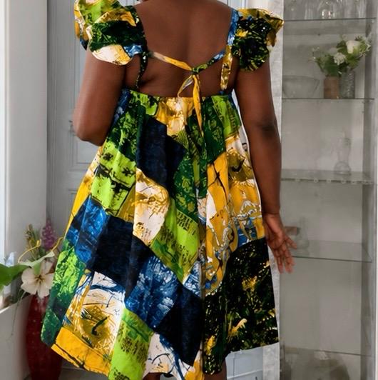 Robe Pagne africain courte évasée à imprimé patchwork